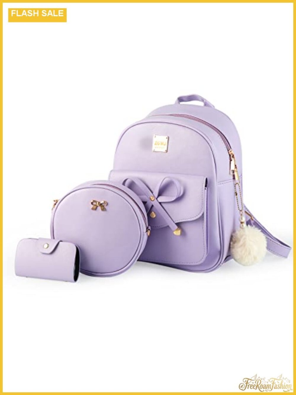 3 Piece PU Leather Mini Backpack Set with Bowknot Zipper Crossbody Bag